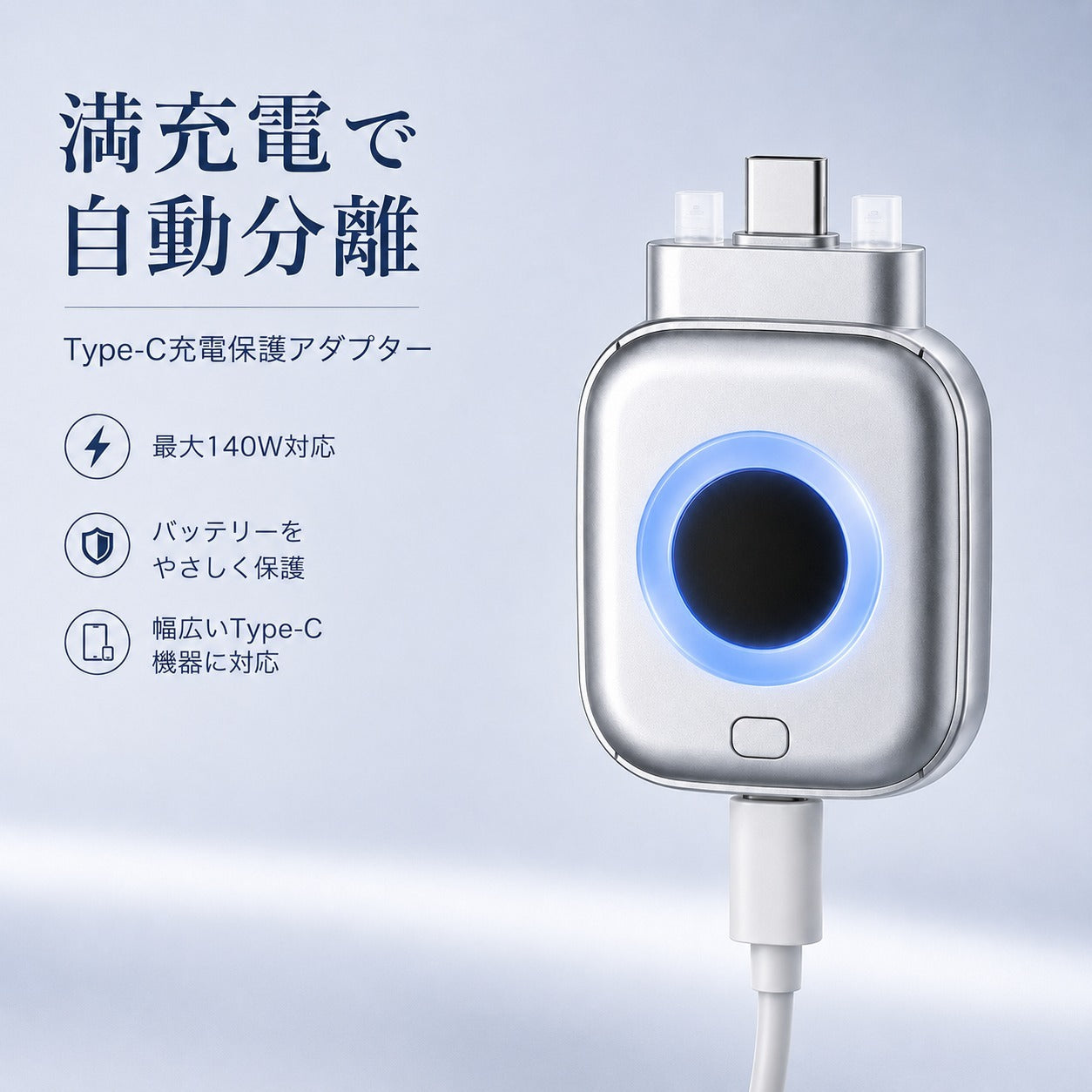満充電で自動分離するType-C充電保護アダプター｜最大140W対応・スマホ