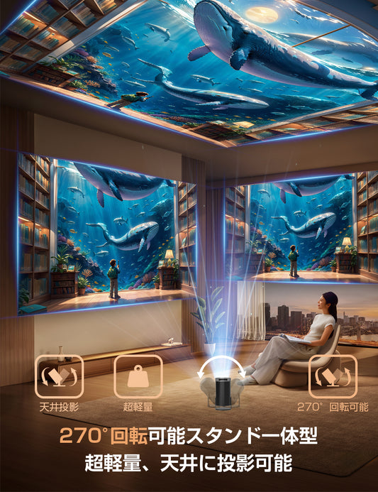 270°回転可能スタンド一体型, 超軽量、天井に投影可能