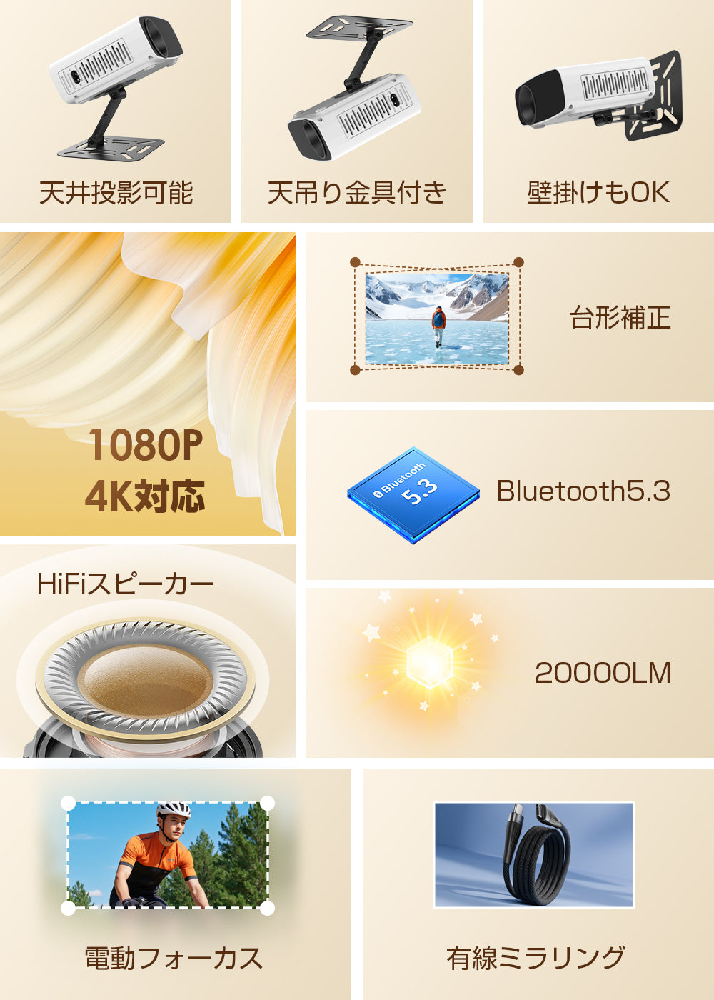 Aestiquo X26 小型プロジェクター|180°回転・電動フォーカス|天井投影対応