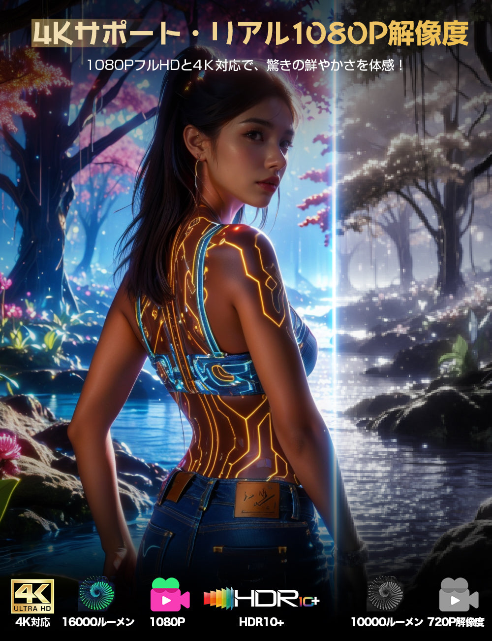 【210°回転・Android TV搭載】Happilaff プロジェクター 小型 16000LM 1080P 4K対応 プロジェクター 天井投影 自動台形補正 Bluetooth5.3 HiFiスピーカー内蔵 ホームプロジェクター 家庭用 50%ズーム機能 スマホ/ノートパソコン/DVD/Switch/などに対応 日本語取扱説明書