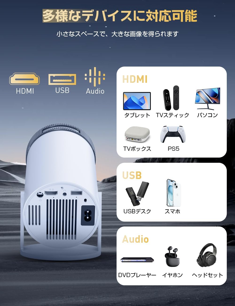 Aestiquo P1 Android TV搭載 プロジェクター | 自動台形補正・270°回転スタンド | 20000ルーメン・4K対応・350インチ大画面