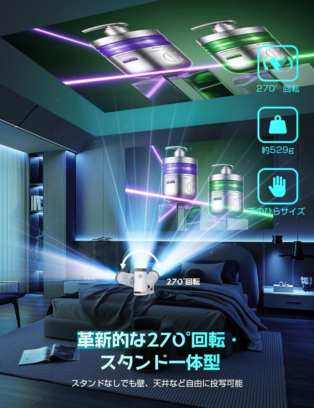 Aestiquo プロジェクター 20000LM 高輝度|1080P 4K 対応 270° 回転 自動台形補正 Bluetooth5.3 家庭用