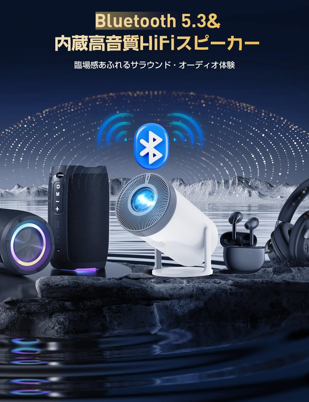 Aestiquo P1 Android TV搭載 プロジェクター | 自動台形補正・270°回転スタンド | 20000ルーメン・4K対応・350インチ大画面