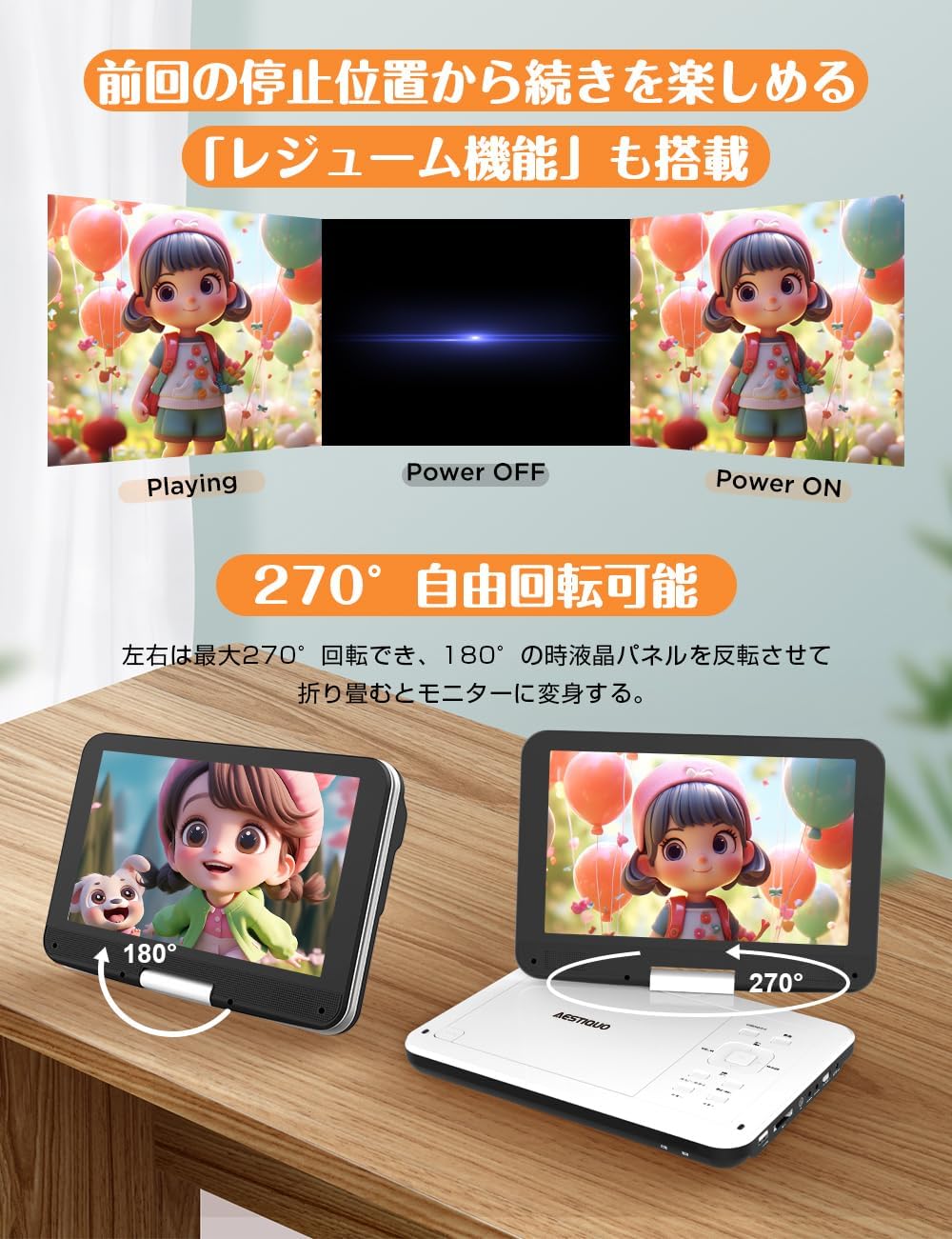 Aestiquo PD101 ポータブルDVDプレーヤー 15.6インチ|目保護モード・車載用|リージョンフリー|ブルーレイ非対応