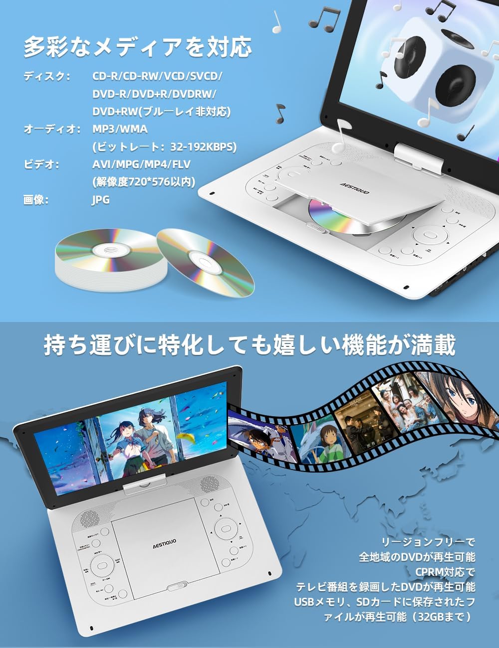 14.1インチ ポータブルDVDプレーヤー 大画面 高画質1280×800 車載用/家庭用/旅行用 HDMI・USB・SD対応 リモコン付属 日本語説明書付き