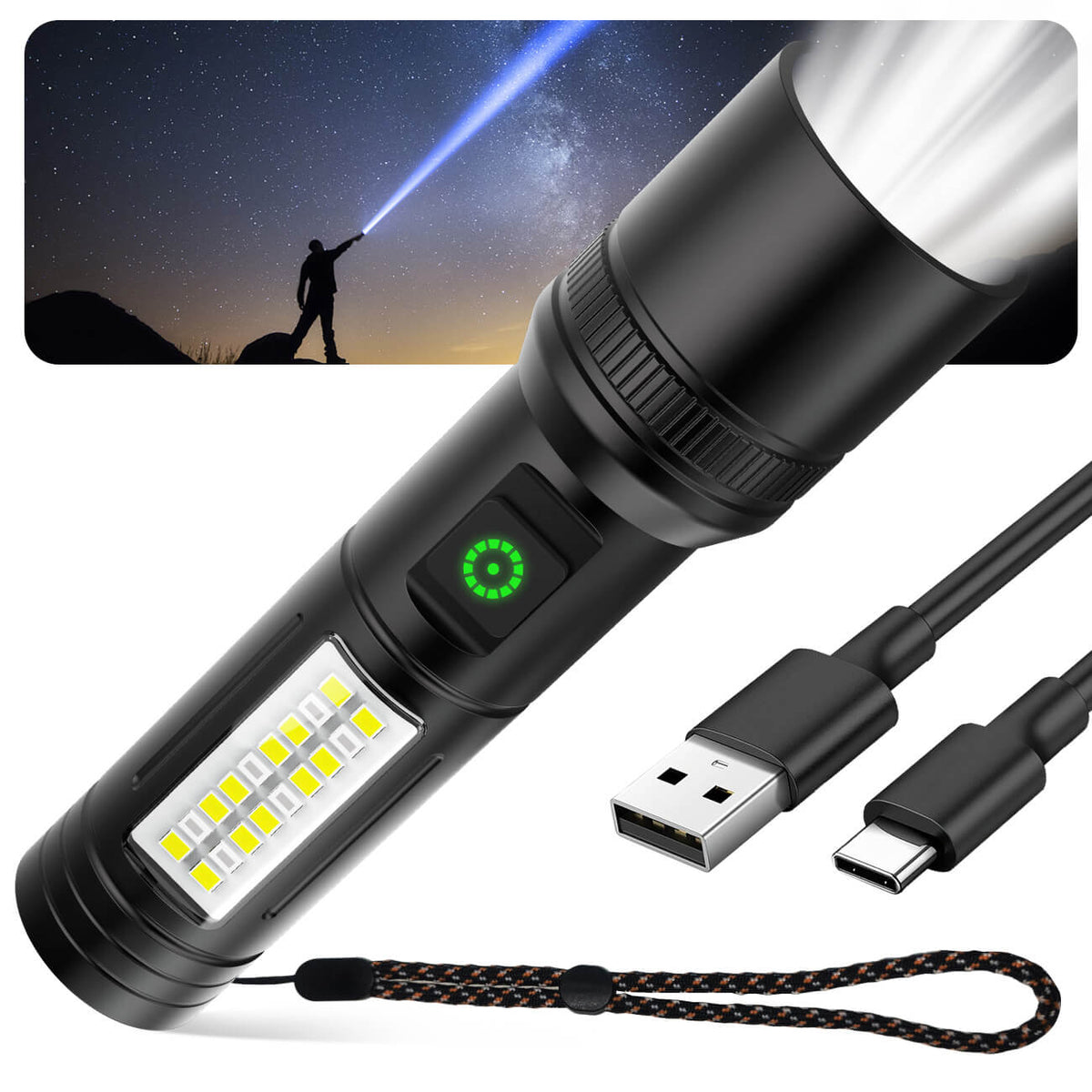 懐中電灯 小型 強力【超高輝度・6点灯モード】ハンディライト 軍用【XHP160チップ・IPX6防水・COB作業灯】 ズーム式 Type-C充電式 フラッシュライト 高級合金素材 耐衝撃3M ハンドライト 防災 キャンプ 登山 夜釣り アウトドア 緊急用 地震 停電 避難-懐中電灯-Aestiquo