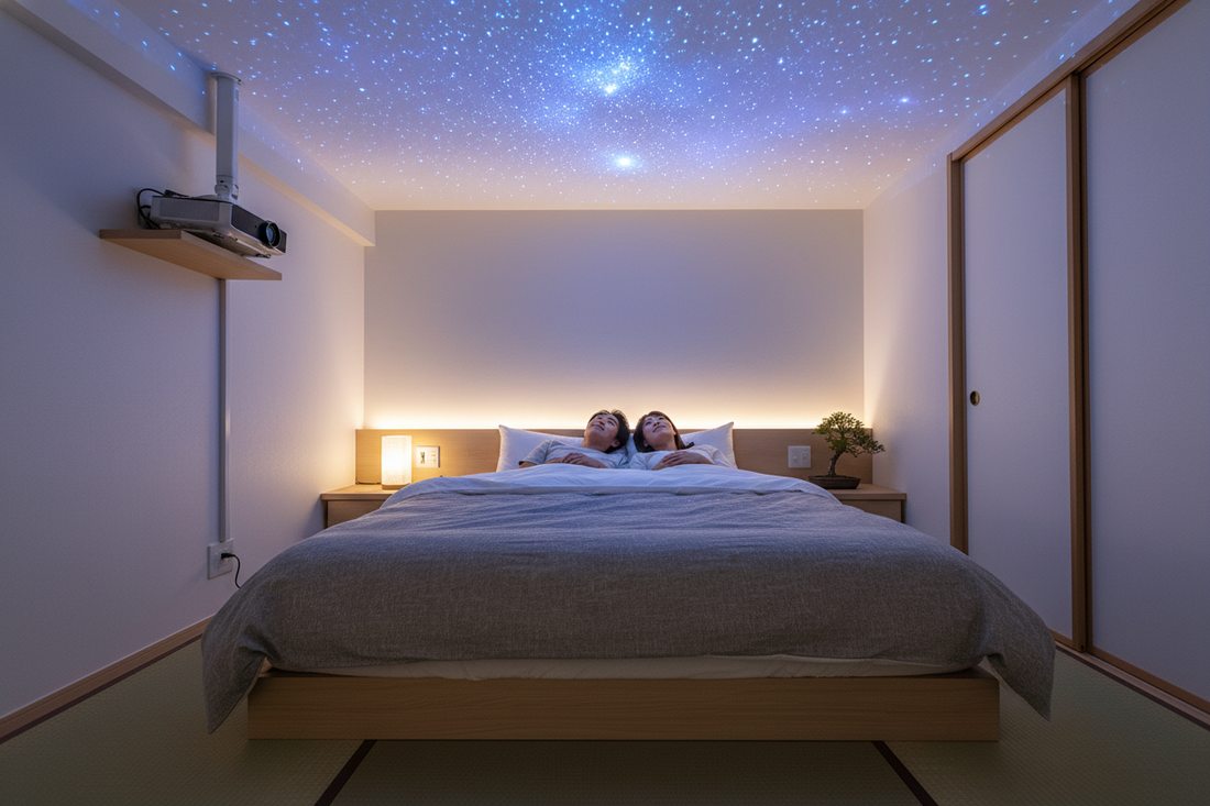 家庭用プロジェクター天井投影で星空を楽しむ快適なベッドルームのくつろぎ空間