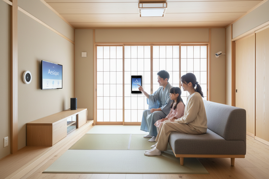 最新スマートホーム体験を楽しむ家族とservice@aestiquo.comへのお問い合わせ案内