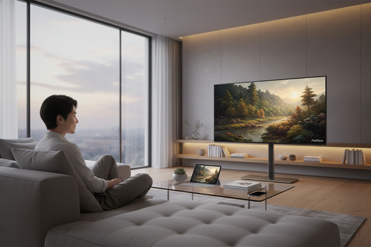 目の保護モード搭載映像機器で快適なホームエンターテインメントを楽しむ男性