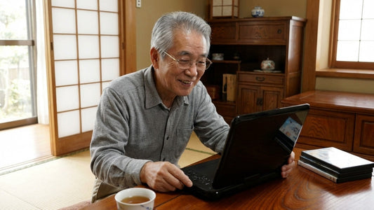 高齢者がポータブルDVDプレーヤーを快適に視聴している様子