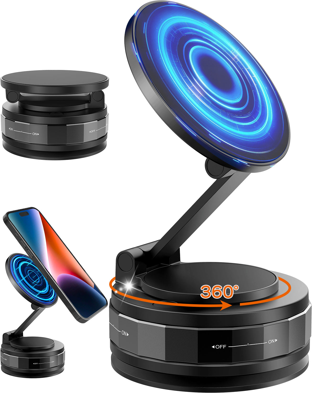 スマホホルダー 車 マグネット【24×N55磁石+真空吸盤】360度多角度調節 Mag-safeホルダー 片手操作 1秒で着脱 高級合金素材 スマホスタンド 車載スマホホルダー 携帯ホルダー 携帯スタンド 折りたたみ式 ナノゲル吸着 iPhone&Android多機種多車種対応