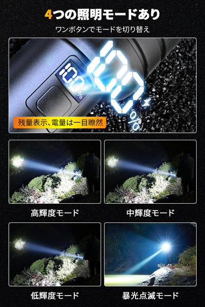 懐中電灯 ledライト フラッシュライト【超高輝度16000LM 5000mAh】 Type-C 充電式/電池式 モバイルバッテリー ハンディライト 軍用 最強 IPX6防水 4モード調光 ズーム式 耐衝撃 残量表示機能 自転車 登山 夜釣り 夜間訓練 作業用 停電 緊急用 避難対策