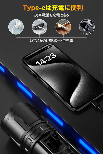 AESTIQUO 懐中電灯 強力  ハンディライト 軍用 最強 大容量 USB充電式 IPX6防水 高輝度 4モード調光 ズーム式 アルミニウム合金 耐衝撃 M550 新型 明るい 残量表示機能 登山 フラッシュライト 夜間訓練 充電式 作業用 停電 防災 地震