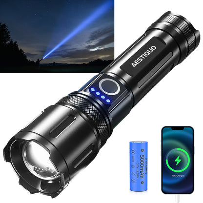 【超高輝度】懐中電灯 強力 軍用 最強 5000mAh 大容量 ハンディライト Type-C USB充電式 LED IPX6防水 高輝度 フラッシュライト 4モード調光 ズーム式 アルミニウム合金 耐衝撃2M 新型 明るい 残量表示機能 自転車 登山 夜釣り 夜間訓練 作業用 停電 防災 地震 避難対策
