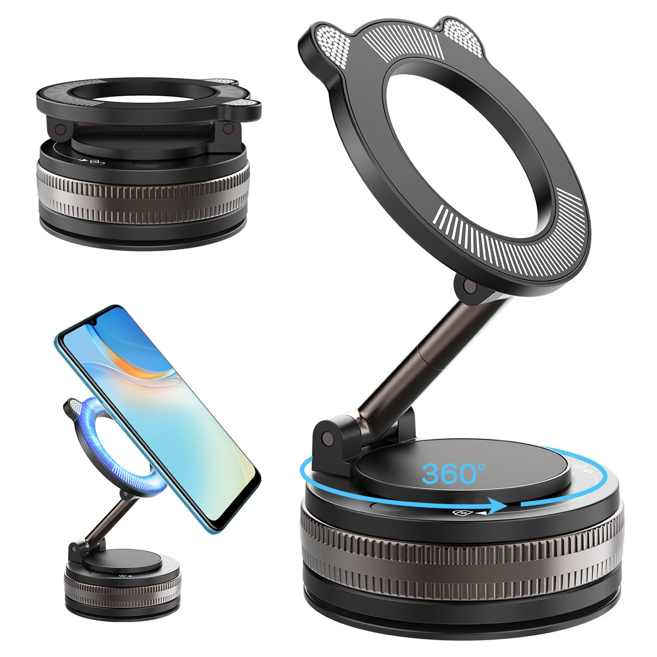 スマホホルダー 車 マグネット【24×N55磁石+真空吸盤】360度多角度調節 Mag-safeホルダー 片手操作 1秒で着脱 高級合金素材 スマホスタンド 車載スマホホルダー 携帯ホルダー 折りたたみ式 ナノゲル吸着 iPhone&Android多機種と多車種対応