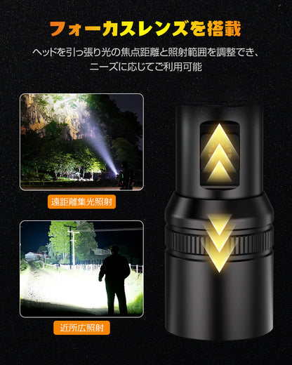 懐中電灯 小型 強力【超高輝度・6点灯モード】ハンディライト 軍用【XHP160チップ・IPX6防水・COB作業灯】 ズーム式 Type-C充電式 フラッシュライト 高級合金素材 耐衝撃3M ハンドライト 防災 キャンプ 登山 夜釣り アウトドア 緊急用 地震 停電 避難