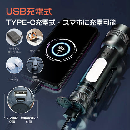 AESTIQUO 超高輝度 懐中電灯 強力 最強 ハンディライト 3000mAh 大容量 Type-C USB充電式 LED IP56防水防塵 高輝度 800ルーメン フラッシュライト 8モード調光 ズーム式 アルミニウム合金 耐衝撃2M 新型 明るい 停電 防災 地震 避難対策 日本語取扱説明書