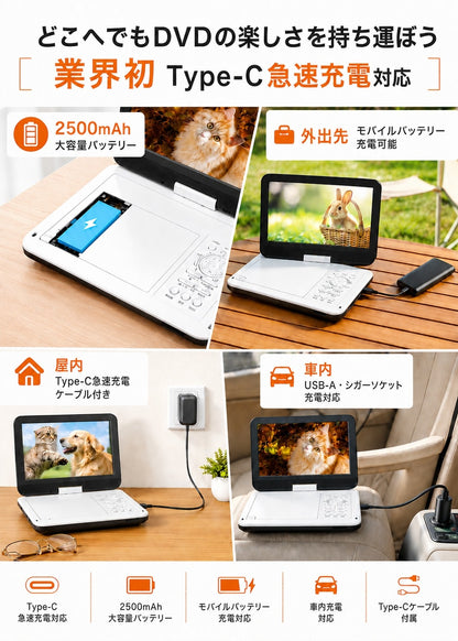 【業界初 Type-C急速充電】VOSCORDER PD102 ポータブルDVDプレーヤー | 10.5型目の保護モード・4WAY電源対応・リージョンフリー