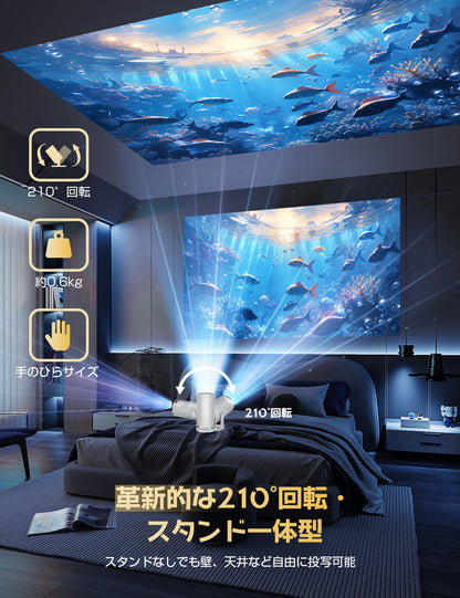 【210°回転・Android TV搭載】Happilaff プロジェクター 小型 16000LM 1080P 4K対応 プロジェクター 天井投影 自動台形補正 Bluetooth5.3 HiFiスピーカー内蔵 ホームプロジェクター 家庭用 50％ズーム機能 スマホ/ノートパソコン/DVD/Switch/などに対応 日本語取扱説明書