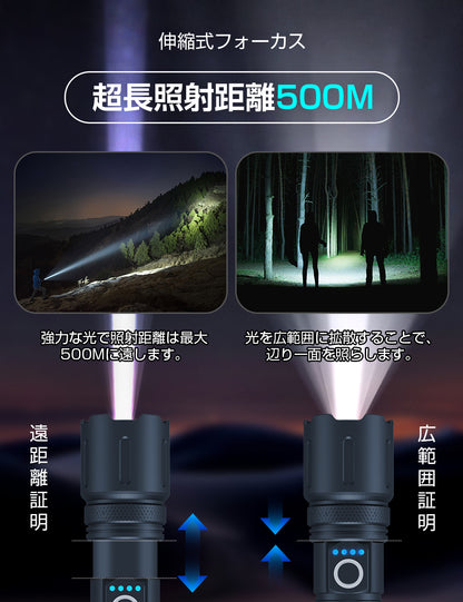 【超高輝度】懐中電灯 強力 軍用 最強 5000mAh 大容量 ハンディライト Type-C USB充電式 LED IPX6防水 高輝度 フラッシュライト 4モード調光 ズーム式 アルミニウム合金 耐衝撃2M 新型 明るい 残量表示機能 自転車 登山 夜釣り 夜間訓練 作業用 停電 防災 地震 避難対策