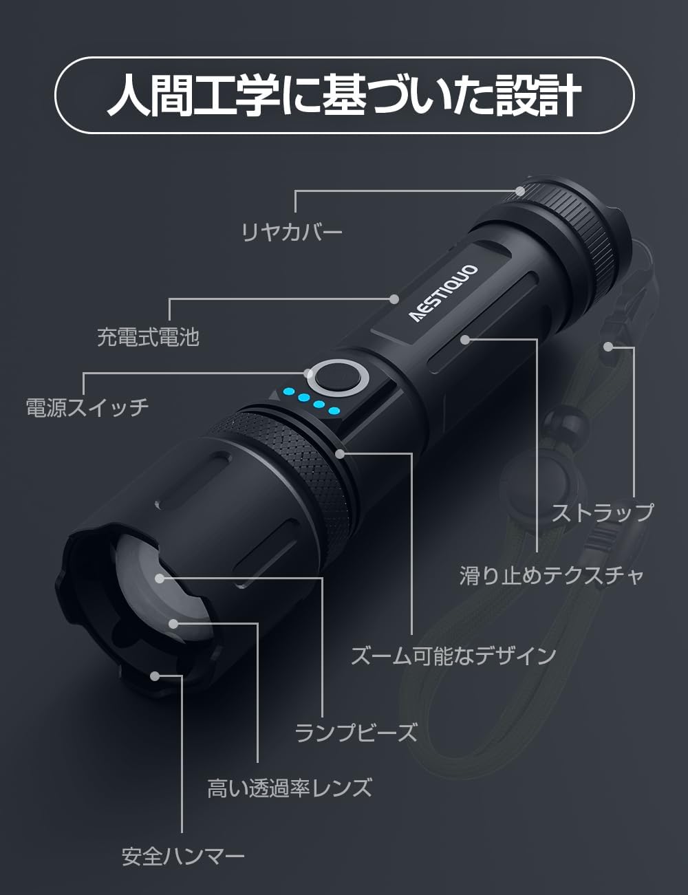 AESTIQUO プロ用ズームライト M26 | 5000mAh長续航・耐衝撃2M・Type-C充電（防災/作業に最適）