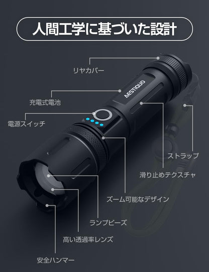 AESTIQUO プロ用ズームライト M26 | 5000mAh長续航・耐衝撃2M・Type-C充電（防災/作業に最適）