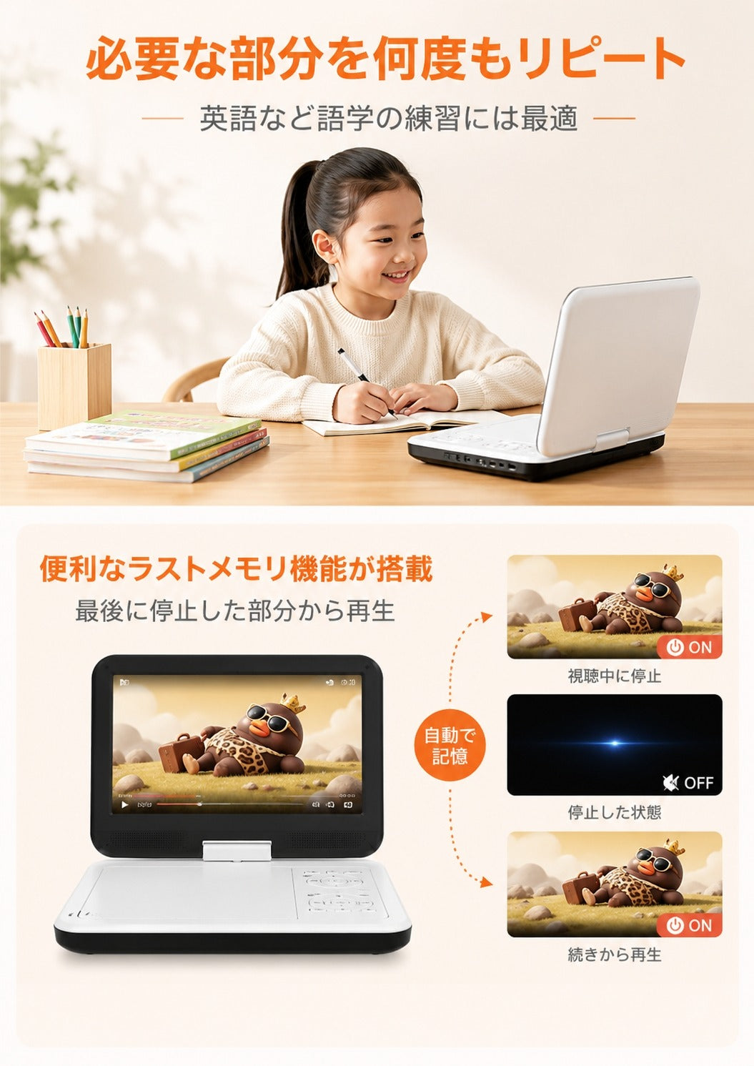 【業界初 Type-C急速充電】VOSCORDER PD102 ポータブルDVDプレーヤー | 10.5型目の保護モード・4WAY電源対応・リージョンフリー