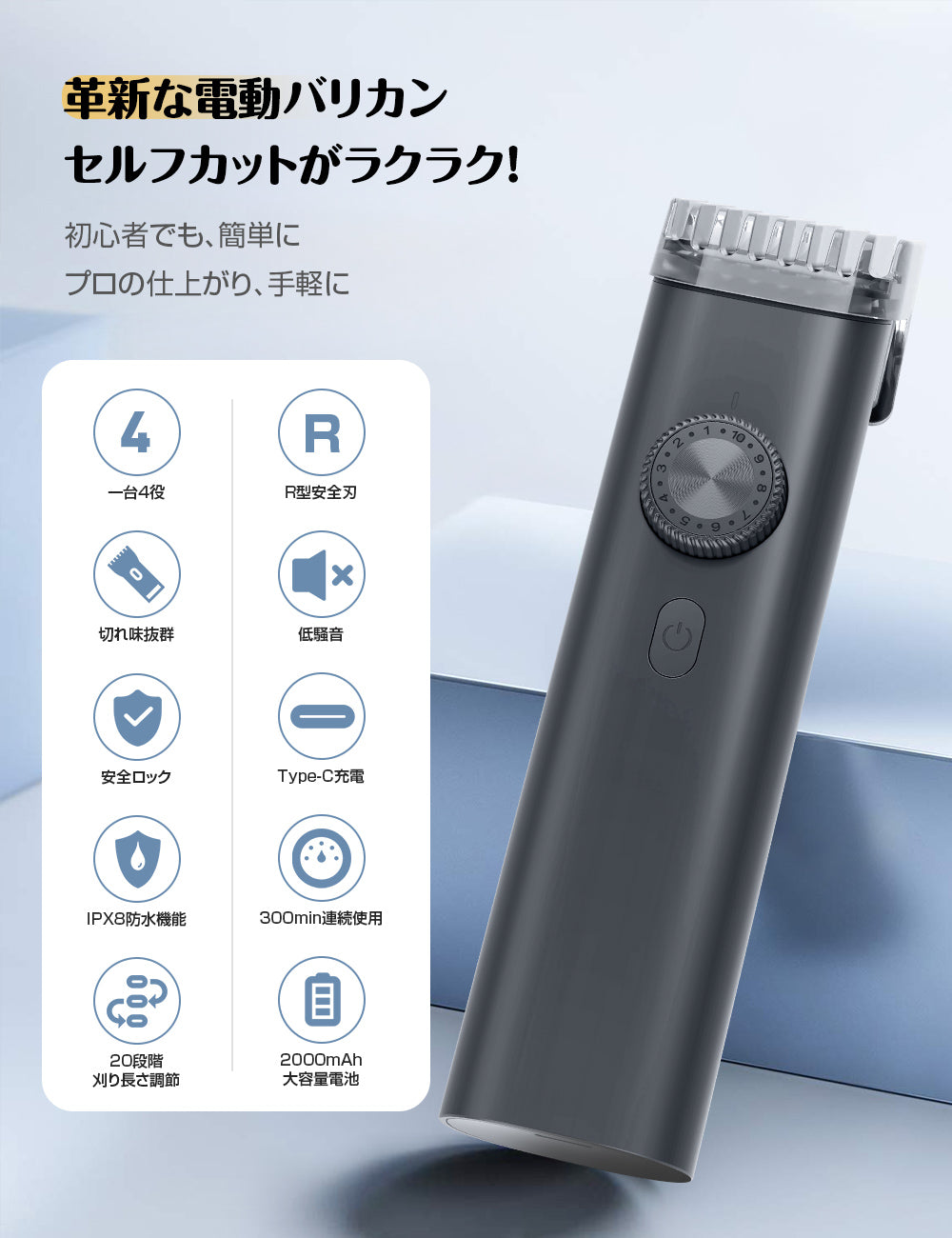 「新登場・一台４役」Happilaff 電動バリカン ヘアーカッター バリカン メンズ 20段階刈り長さ調節 IPX8防水 丸洗い ヘアクリッパー 鼻毛カッター ヒゲトリマー 坊主 TYPE-C充電式 ツーブロック 散髪用 子供用 家庭用 業務用 取り外し可 お手入れ簡単 低騒音 メンズ/子供/家庭