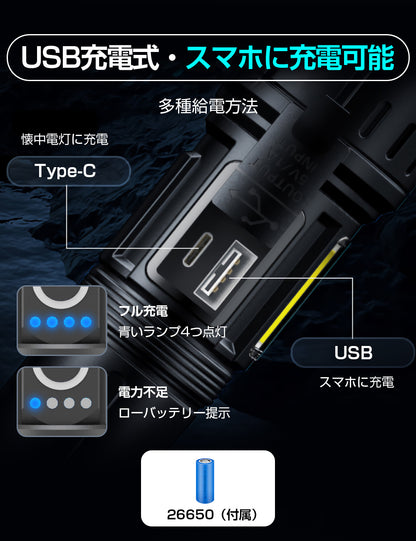 【超高輝度】懐中電灯 強力 軍用 最強 5000mAh 大容量 ハンディライト Type-C USB充電式 LED IPX6防水 高輝度 フラッシュライト 4モード調光 ズーム式 アルミニウム合金 耐衝撃2M 新型 明るい 残量表示機能 自転車 登山 夜釣り 夜間訓練 作業用 停電 防災 地震 避難対策