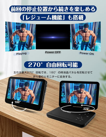 AESTIQUO ポータブル DVD プレーヤー｜10.5 インチ液晶 5 時間再生 リージョンフリー 270 度回転 車載対応