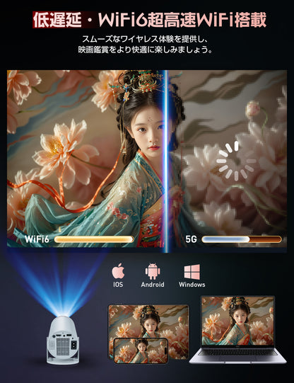 【最新Android TV 13.0搭載＆270°回転】プロジェクター 20000LM 天井投影 1080P WIFI6 自動台形補正 4K対応 Bluetooth5.3 小型 ホームプロジェクター 家庭用 スタンド一体型 内蔵HiFi 短距離投影 50%ズーム IOS/Android/PC/DVD/PS4/SWITCH対応