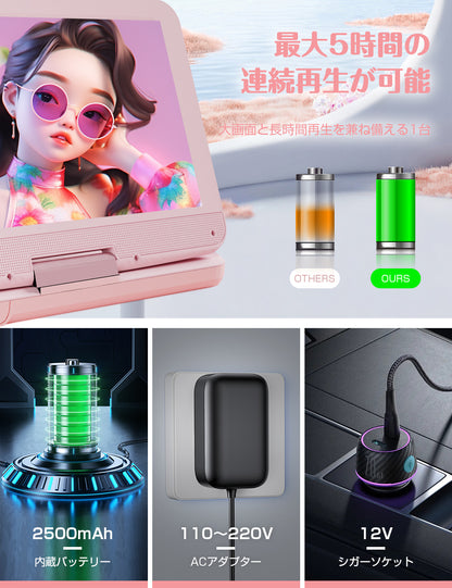 AESTIQUO ポータブル DVD プレーヤー 目の保護モード搭載｜10.5 インチ液晶 5 時間再生 リージョンフリー 車載対応 ピンク